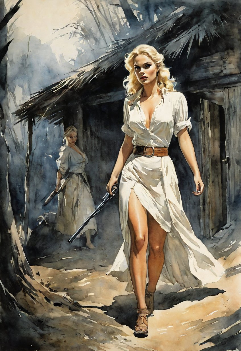 Complex horror movie, (a beautiful blonde woman, escapes from a captive hut with several other women to confront the perpetrator with a gun: 1.2), full body angle, (Creepy, Shadow, Gloomy, Dark Atmosphere: 1.1) photography, pencil, watercolor, bright and rich colors, Gabriele Dello, Charles Victor Tillion, Karl Eugen Kiel, Carl Lundgren, pencil drawing, ((Close-up angle))