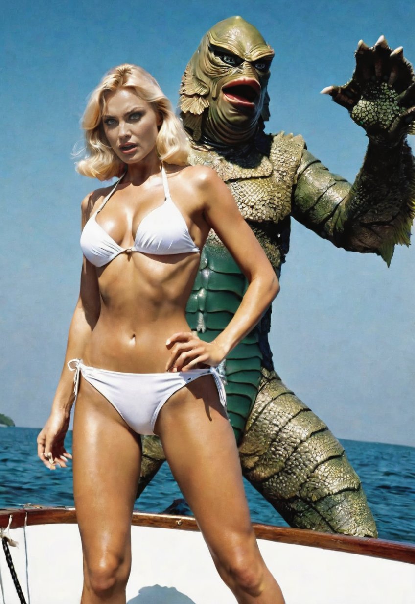 from sea level giant gill-man atack a ((white bikini)) beautiful blonde Ukrainian woman, on a boat, she freaks out and shout, dramatic angles and poses, perfect female anatomy, realistic, detailed, action movie poster style, surreal, on the sea, masterpiece,