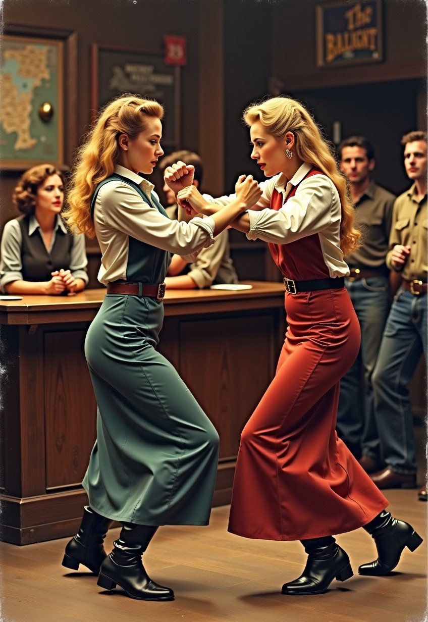 Old, Vintage: 1.2), (Western Poster: 1.3), ((Big Title, Taming of the Shrew, Subtitles: 1.3)), (Britt Lind: 1.3), A story of a brave woman living in the West, Two women, a beautiful American blonde country girl and a barmaid in a flashy outfit, fight with their fists and hands with fierce expressions, A flashy cat fight scene with horseback riding, Dramatic movements, Customers watching the fight, Bar square, Atmosphere, Cinematography, Photography