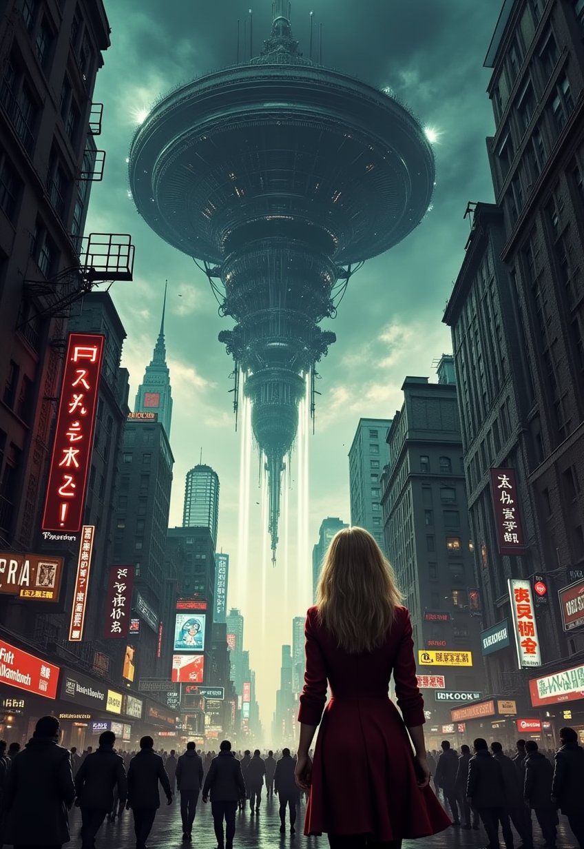 1980s, (SF movie poster: 1.3), (big title, alien invasion, subtitles: 1.3), (Britt Lind: 1.3), (Britt Lind, a beautiful blonde woman, is surprised by a huge battleship-like spaceship that appears in the sky: 1.2), New York, over Manhattan, the people are panicking, (eerie, shadows, gloomy, dark atmosphere: 1.1)