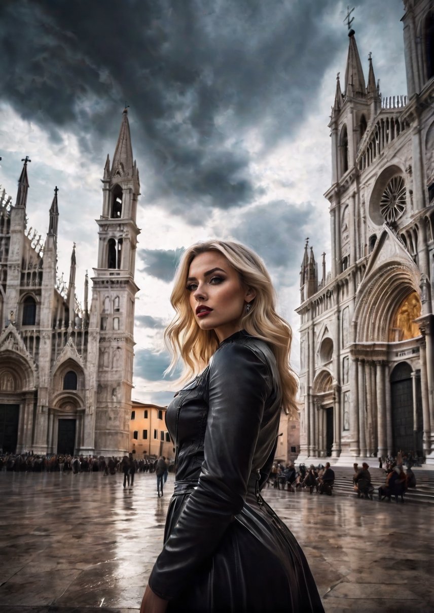 wide angle, landscape, standing a beautiful american blonde woman, in front of Italian cathedrals, eerie skies, dramatic angles, realistic and detailed horror movie style, surreal, masterpieces,