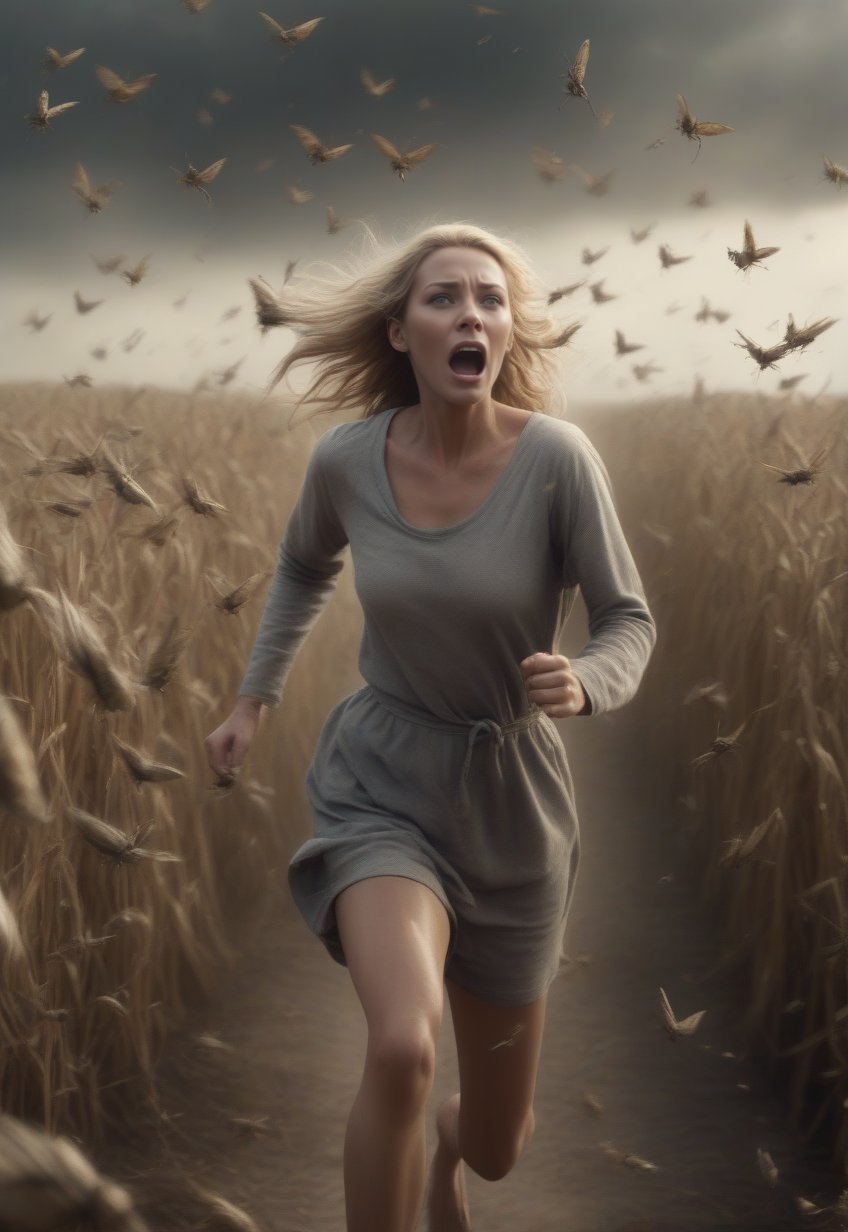 a lot of many swarm of locusts fly over blonde English woman as she runs away in fear, barefoot, cornfield in spooky grey sky, realistic and detailed, horror movie style, surreal, masterpiece