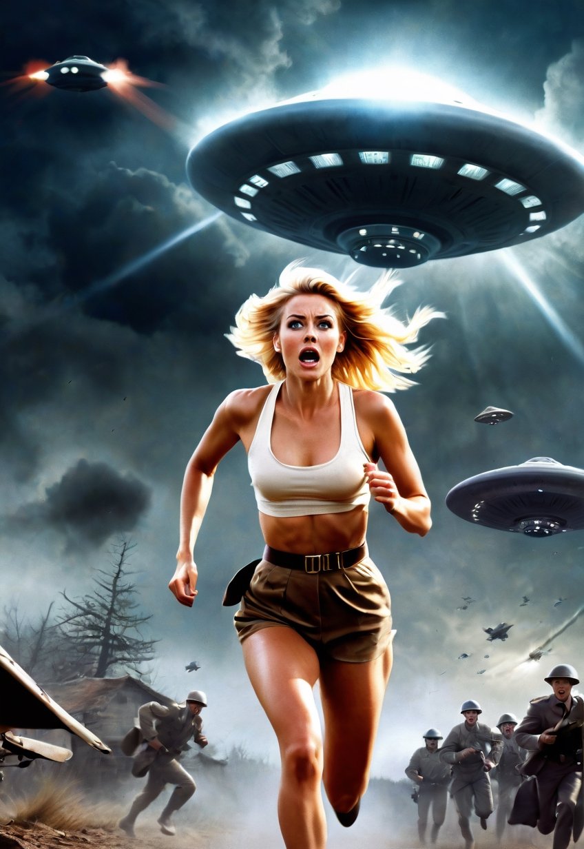 30 year old beautiful blonde British female explorer running away from being chased by a UFO, eyes and mouth wide open in fear, unconscious, ((clothes in tatters, mostly naked)), dramatic angles and poses, perfect Female Anatomy, Realistic and Detailed Horror Movie Poster Style, UFO in the Spooky Sky, Masterpiece,