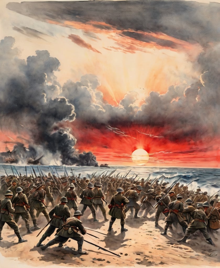 Complex action movie, isolated island during World War II, strong American soldiers and Japanese soldiers with swords fighting face to face, bottom-to-top view, red sunset, dramatic movement, on the beach. Encounter, hostile stare, atmosphere, cinematography, photography, pencil, watercolor, bright, rich colors, Gabriele Delotto, Charles Victor Thirion, Karl Eugen Kiel, Karl Lundgren, pencil drawing