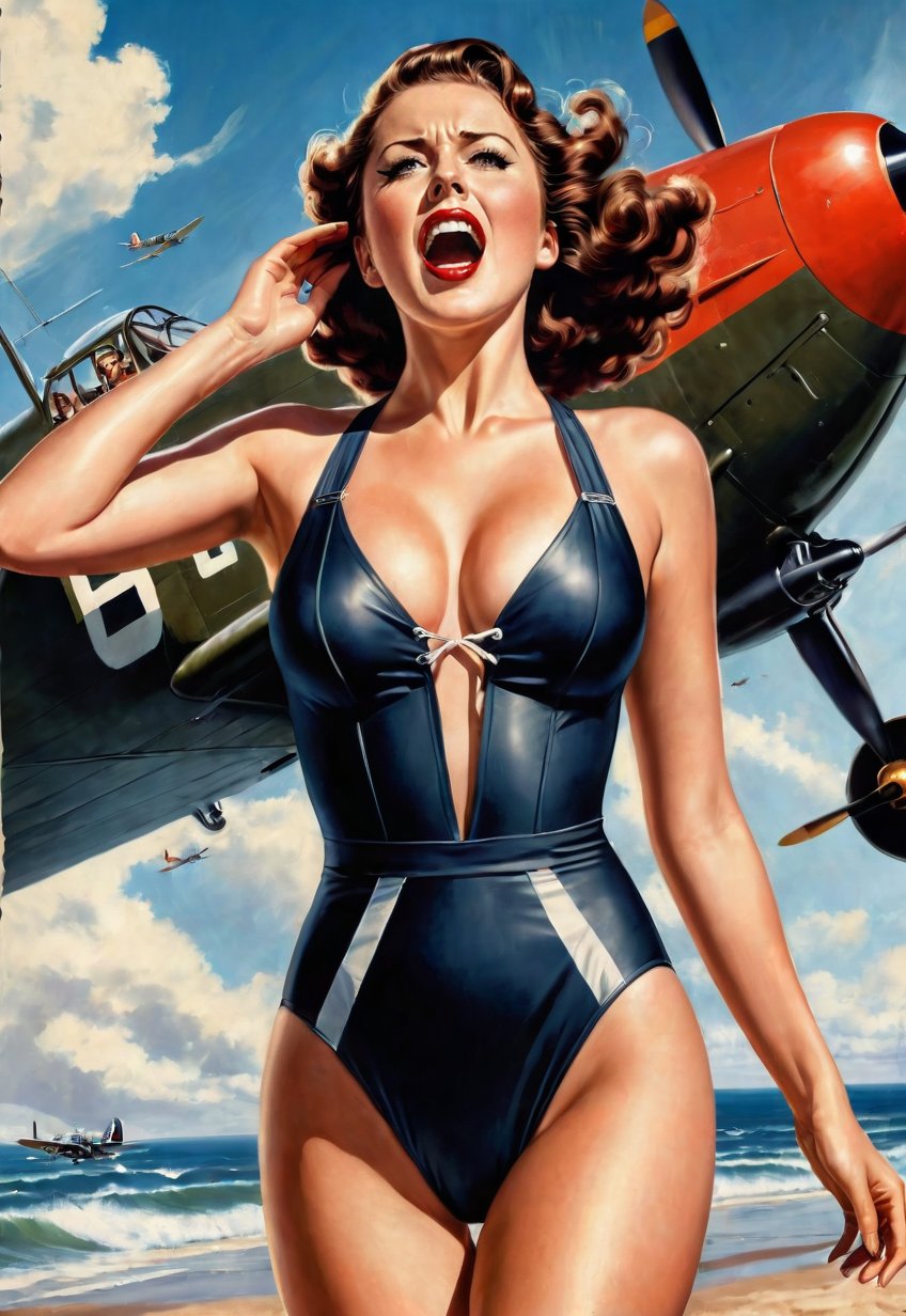 in 1930s, a one piece swimsuit beautiful British woman, she screams in fear, dramatic angles and poses, realistic and detailed, bomber in the sky, retro horror movie poster style, super realistic, in the beach of war on big fire, masterpiece,