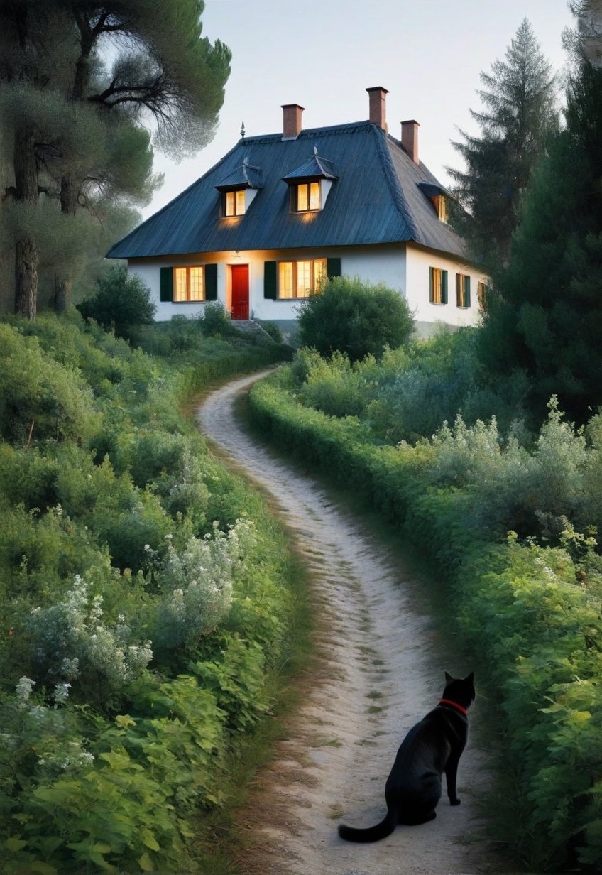 (Soft Lighting Photo by Mimosa Veriu and Mario Giacomelli), Side soft light, Dark environment, Black on black, Very detailed, Stunning painting in the style of Anders Zorn and Alexi Briklod, Oil on canvas, A detailed and realistic painting of a rural landscape where a dirt path leads to a quaint old house. The layout features a central path surrounded by lush trees reminiscent of early spring. The house has a tiled roof and white walls, showing signs of age and wear. There are two figures: a man in a black shirt and jeans, and a woman in a red dress, both standing near the house. There are also cats and dogs scattered along the path, adding to the pastoral atmosphere. The sky is partly overcast with patches of blue visible here and there. In the lower right corner of the painting, the artist's signature and the words "In Hell" are inscribed.