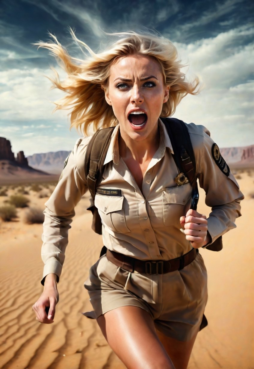 30 year old beautiful blonde British female explorer running in the desert, eyes and mouth wide open in fear, unconscious, dramatic angles and poses, perfect female anatomy, realistic and detailed horror movie poster style, UFO in the spooky sky, masterpiece,