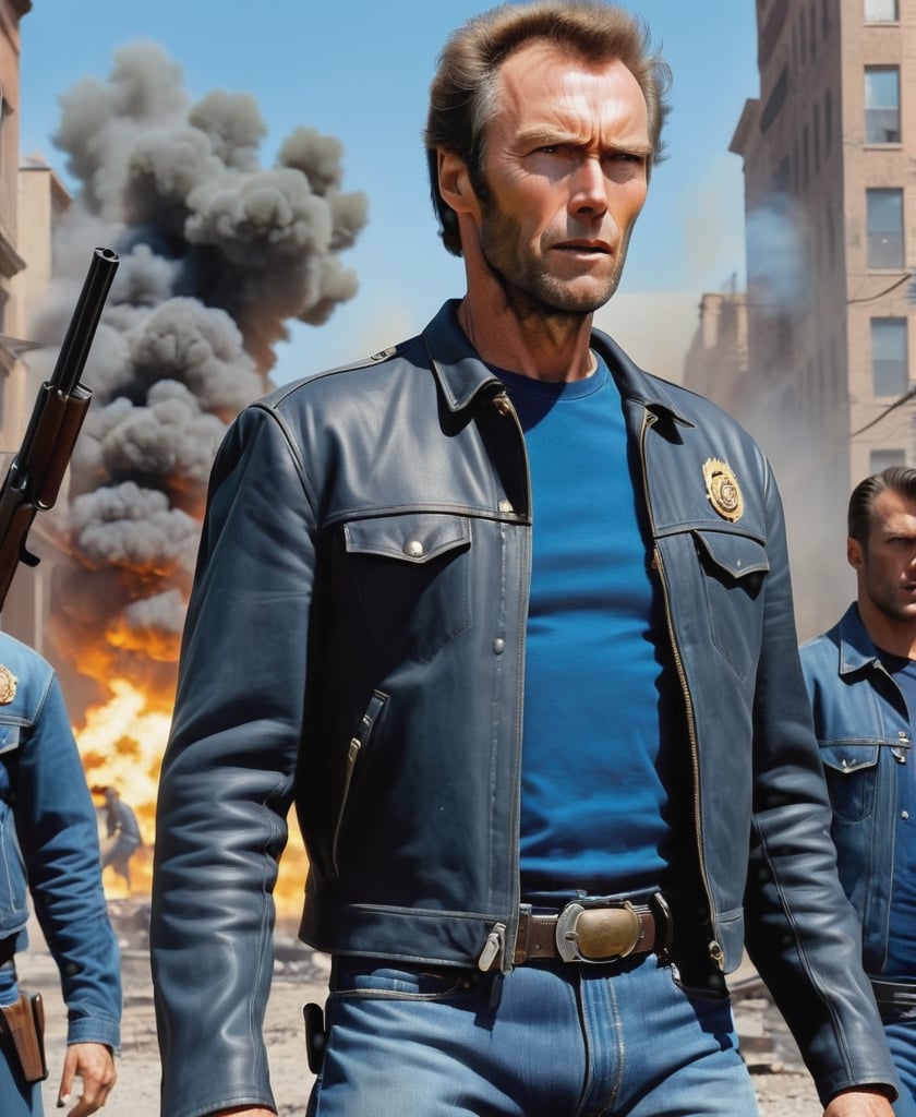 man in their 30s, Clint Eastwood, detailed faces, muscular body, black rider jacket, jeans, shotguns that fired with blue shirts, American roads, gangs, enemies are great explosions, masterpieces Ends the headquarters of the resolution. Horror movie style, dramatic angle, art inspired by Gregatokovsky, the headquarters of the most advanced trend art station headquarters. Smooth art bacteria focusing on things