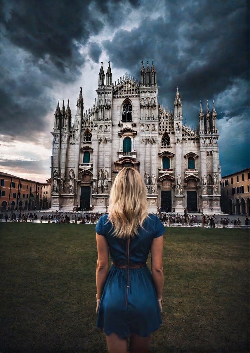 wide angle, landscape, standing a beautiful american blonde woman, in front of Italian cathedrals, eerie skies, dramatic angles, realistic and detailed horror movie style, surreal, masterpieces,