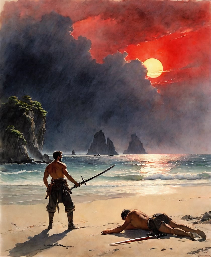 A complex action movie, two men stranded on a remote island, an American with a gun and a Japanese with a sword fighting face to face, a top-down view, a red sunset, dramatic movements, They meet on the beach, half-naked, in tatters, and stare at each other in a hostile stance, atmosphere, cinematography, photography, pencil, watercolor, bright, rich colors, Gabriele Delotto, Charles Victor Thirion, Karl Eugen Kiel, Karl Lundgren, pencil drawing