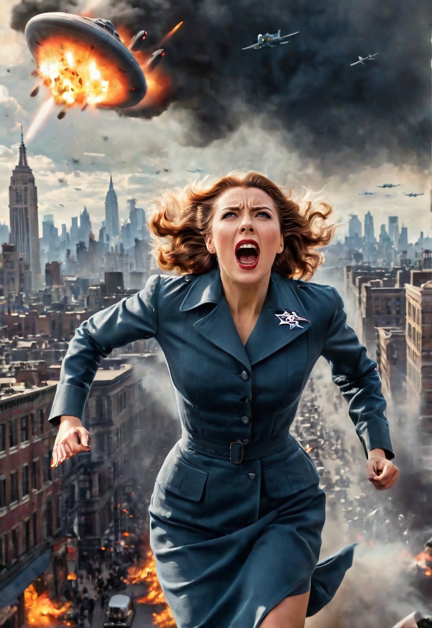 1939s beautiful British woman screaming in fear, lots of peoples running in the background, dramatic angle, perfect female anatomy, realistic and detailed, movie style, super realistic, the big UFO attacking the burning Manhattan city to death ray, masterpiece, fighter planes in the spooky sky