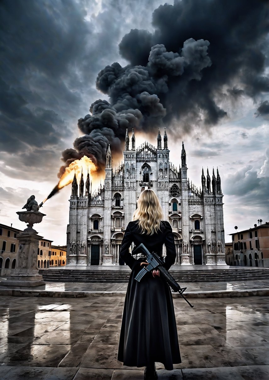 wide angle, landscape, standing a beautiful american blonde woman, a hand in a machine-gun, in front of Italian cathedrals, eerie skies, dramatic angles, realistic and detailed horror movie style, surreal, masterpieces,