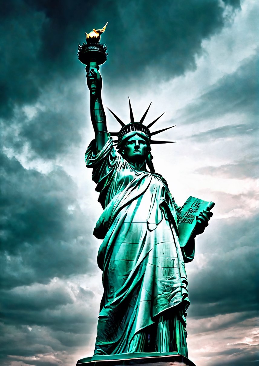 America, Statue of Liberty, eerie sky, dramatic angles, realistic and detailed action movie style, surreal, masterpiece,