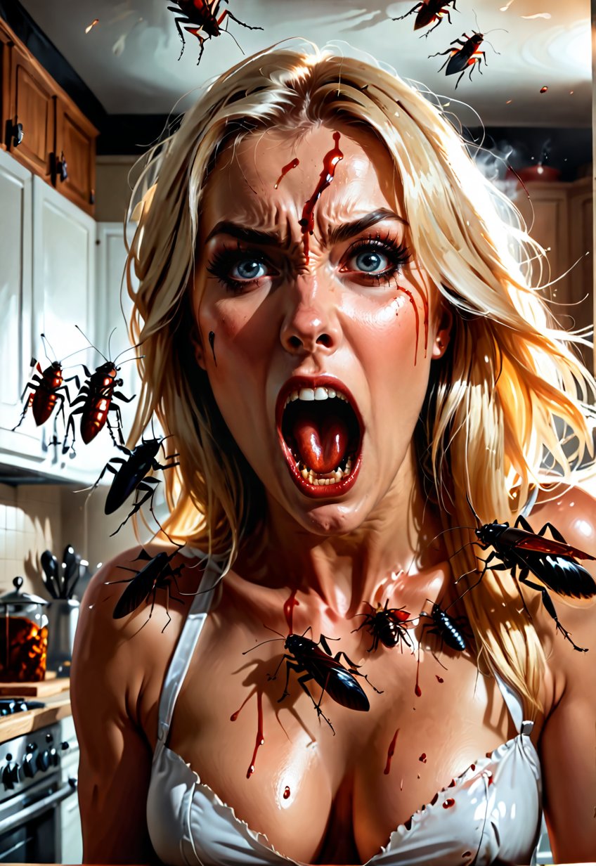 Countless cockroaches attack a beautiful blonde American woman, she screams in fear, dramatic angle and pose, perfect female anatomy, realistic and detailed, horror movie poster style, surreal, kitchen room, masterpiece,