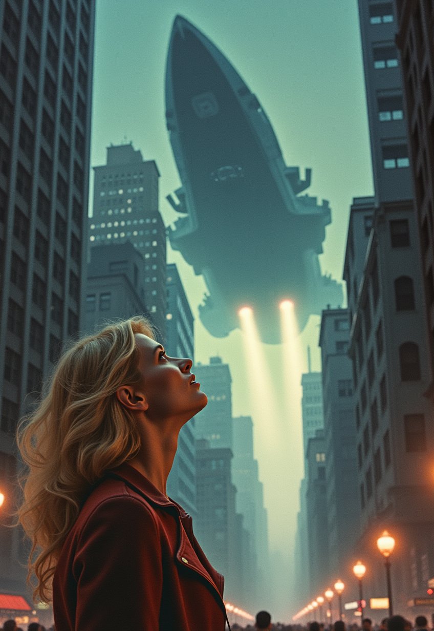   Old, Vintage: 1.2), (SF movie poster: 1.3), (big title, alien invasion, subtitles: 1.3), (Britt Lind: 1.3), (Britt Lind, a beautiful blonde woman, looks up in amazement at the sight of a huge battleship-like spaceship in the sky: 1.2), New York, over Manhattan, the people are panicking, (dark atmosphere: 1.1)