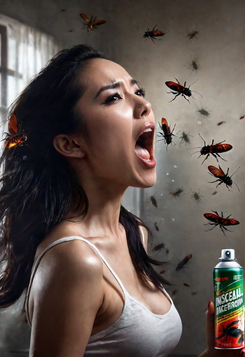 a lot of many Chines Cockroaches attack a beautiful  woman, she screams in fear as she holds up a can of insecticide spray, ((full body angle)), dramatic angle and pose, perfect female anatomy, realistic and detailed, horror movie poster style, surreal, spooky kitchen room, masterpiece,low-key,dark,Movie Poster,pencil sketch,detailed skin