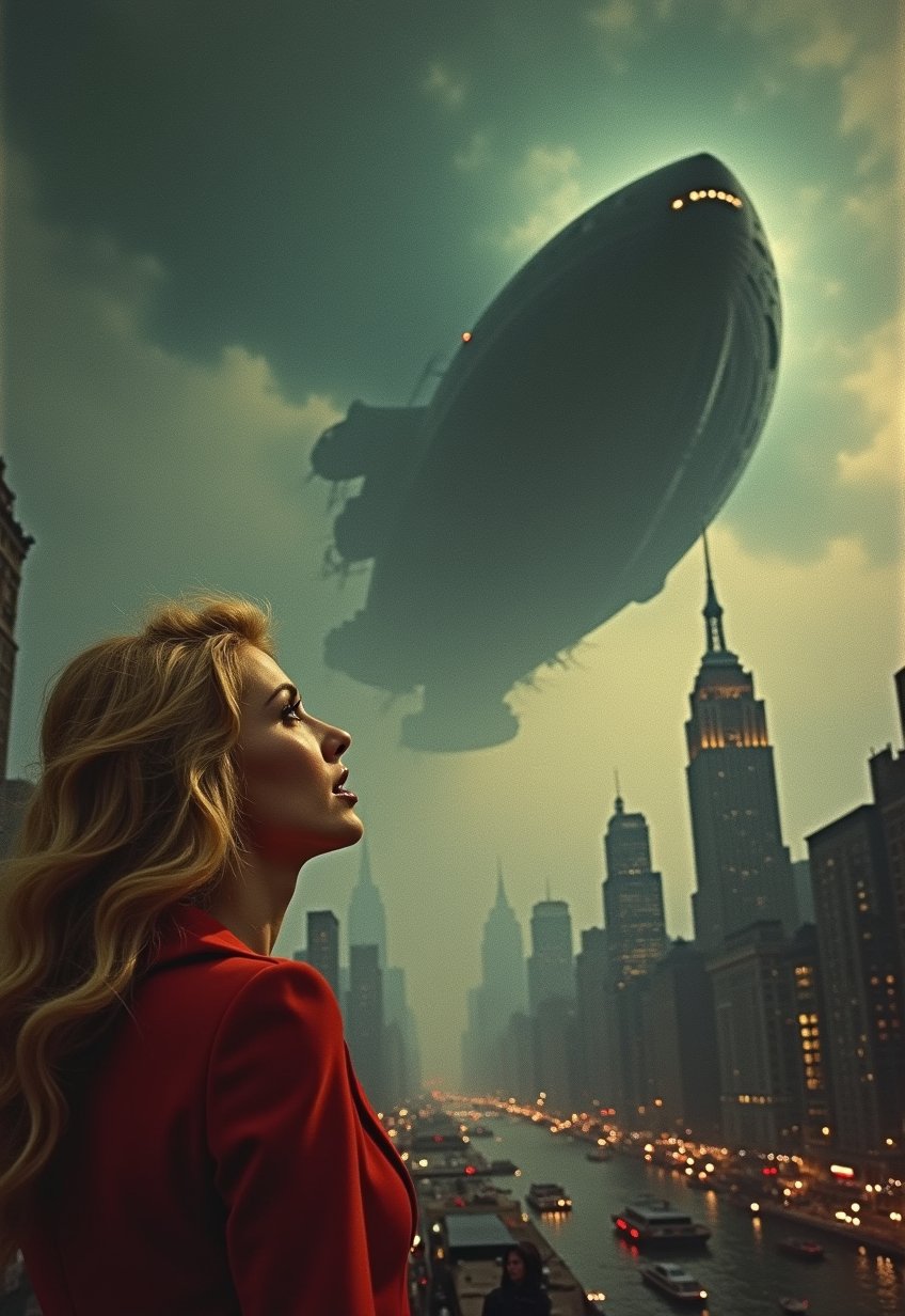   Old, Vintage: 1.2), (SF movie poster: 1.3), ((big title, THE FLYING BATTLESHIP, subtitles: 1.3)), (a beautiful blonde woman, looks up at the sky in amazement, as she is shocked by a huge spaceship that looks like a battleship that appears in the sky: 1.2), New York, over Manhattan, the people are panicking, (eerie, shadow, gloomy, dark atmosphere: 1.1)