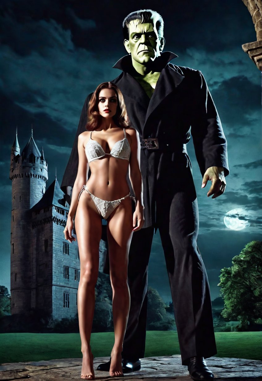 Beautiful English woman and Frankenstein's monster, she standing barefoot, dramatic angle and pose, perfect female anatomy, realistic and detailed, retro horror movie poster style, surreal, spooky old castle at night, masterpiece,