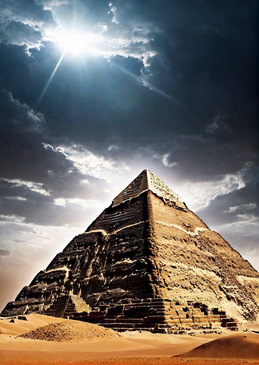 Panoramic view, Egypt, pyramids, eerie sky, dramatic angle, realistic and detailed action movie style, surreal, masterpiece,