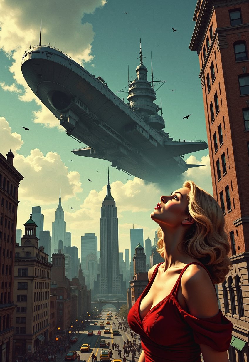   Old, Vintage: 1.2), (SF movie poster: 1.3), ((big title, THE FLYING BATTLESHIP, subtitles: 1.3)), (a beautiful blonde woman, looks up at the sky in amazement, as she is shocked by a huge spaceship that looks like a battleship that appears in the sky: 1.2), New York, over Manhattan, the people are panicking, (eerie, shadow, gloomy, dark atmosphere: 1.1)