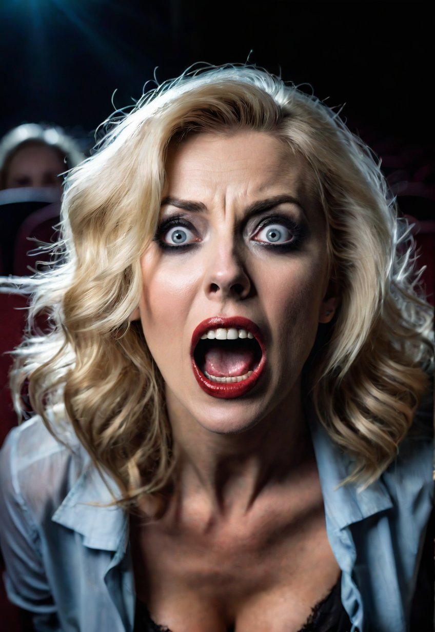 a 50 years old Beautiful blonde British zombie woman sitting in a dimly lit cinema auditorium, (open big wide eyes and mouth very big wide screams in fear), unconscious, dramatic angles and poses, perfect female anatomy, realistic and detailed horror movie poster style, surreal, masterpiece,