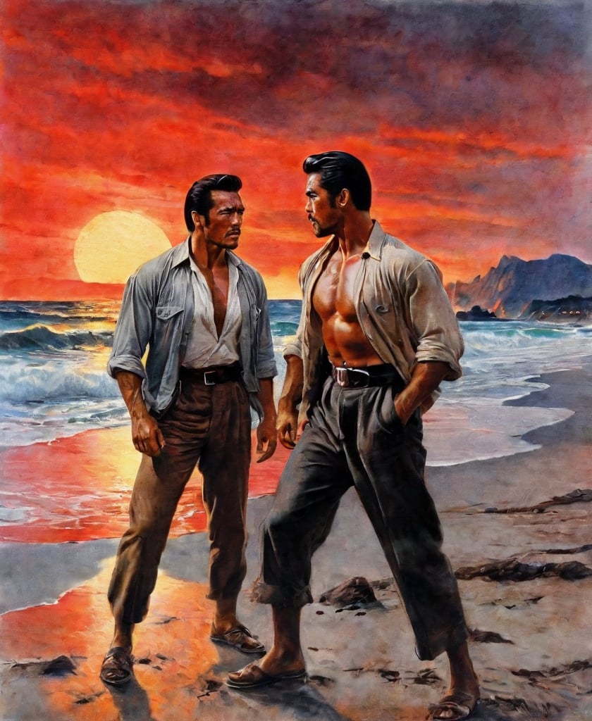 A complex action movie, two men, Arnold Schwarzenegger and Toshiro Mifune, stranded on a remote island, glaring at each other from a distance in tattered shirts, a red sunset, dramatic movements, a beach. , atmosphere, cinematography, photography, pencil, watercolor, bright, rich colors, Gabriele Delotto, Charles Victor Tillion, Karl Eugen Kiel, Karl Lundgren, pencil drawing