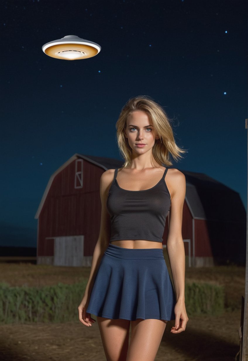 1 slender woman, night, standing barn, 8K, raw photos, highest quality, masterpiece, real, 26 years old woman, tank-top and short skirt, sagging breasts, big nipples, barefoot, medium hair, blond hair , Random and sexy poses, eyes distributing, honey eyes, big UFO in the spooky sky