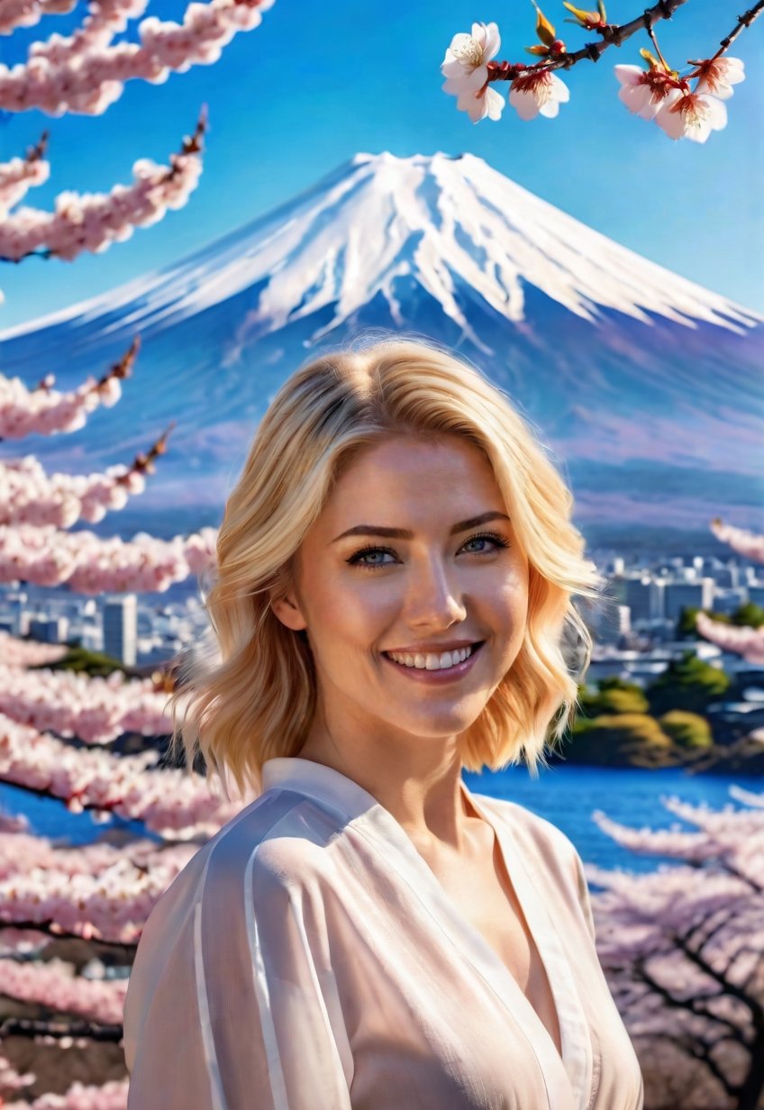 landscape, standing a beautiful american blonde woman, smile, in front of Mt. Fuji in Japan, Cherry tree in full bloom, dramatic angle, realistic and detailed movie style, surreal, masterpiece,