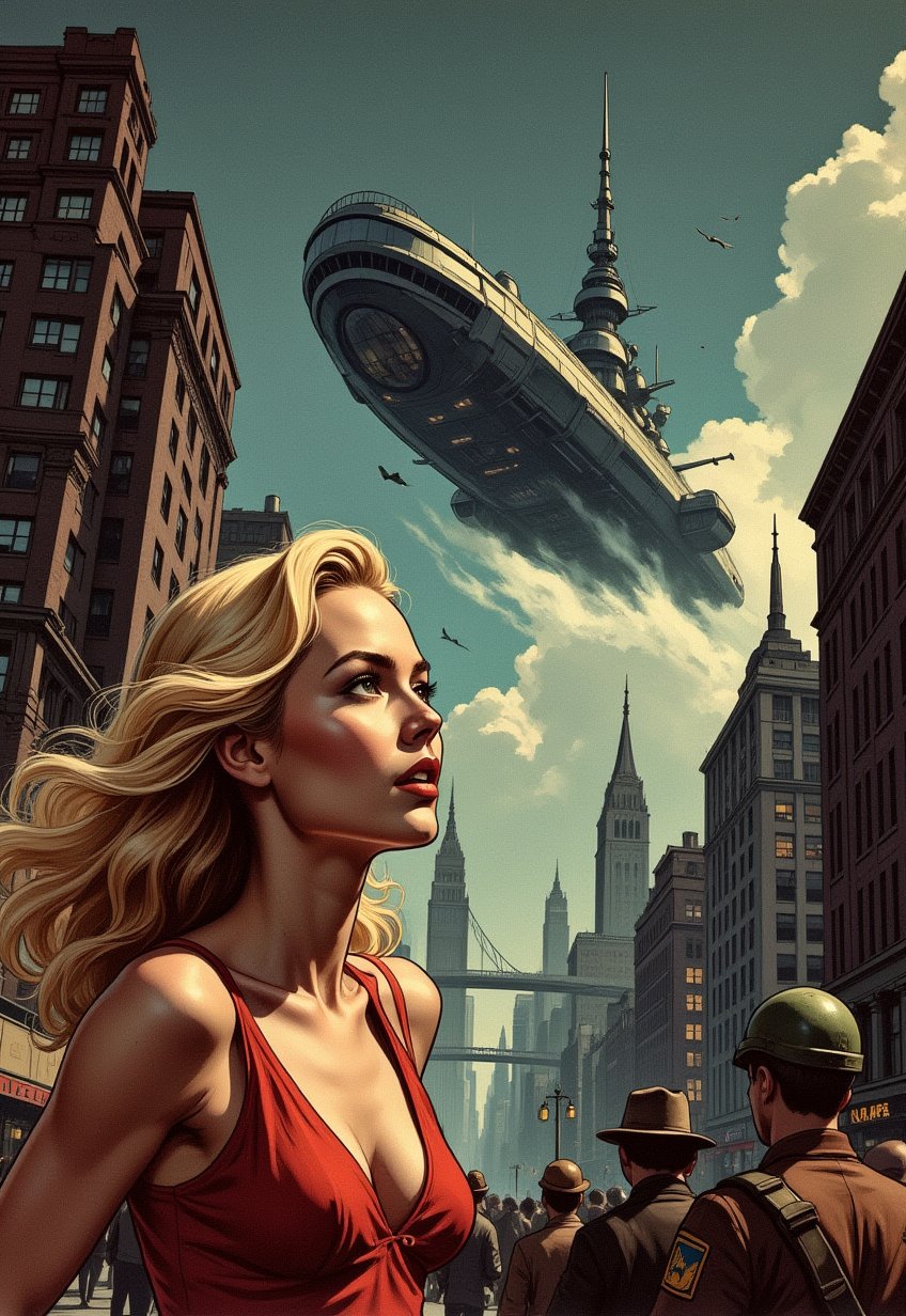   Old, Vintage: 1.2), (SF movie poster: 1.3), ((big title, THE FLYING BATTLESHIP, subtitles: 1.3)), (a beautiful blonde woman, looks up at the sky in amazement, as she is shocked by a huge spaceship that looks like a battleship that appears in the sky: 1.2), New York, over Manhattan, the people are panicking, (eerie, shadow, gloomy, dark atmosphere: 1.1)