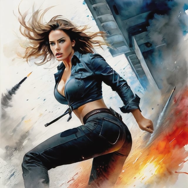 Complex action film, very beautiful woman, view from bottom to top, dramatic movement, atmosphere, cinematography, photography, pencil, watercolor, bright and rich colors, Gabriele Delotto, Charles Victor Thirion, Karl Eugen ・Kiel, Karl Lundgren, pencil drawing