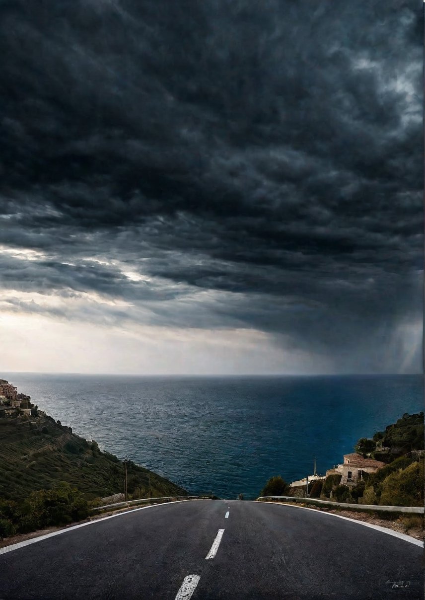 Landscapes, Italian coast roads, eerie skies, dramatic angles, realistic and detailed action movie style, surreal, masterpieces,