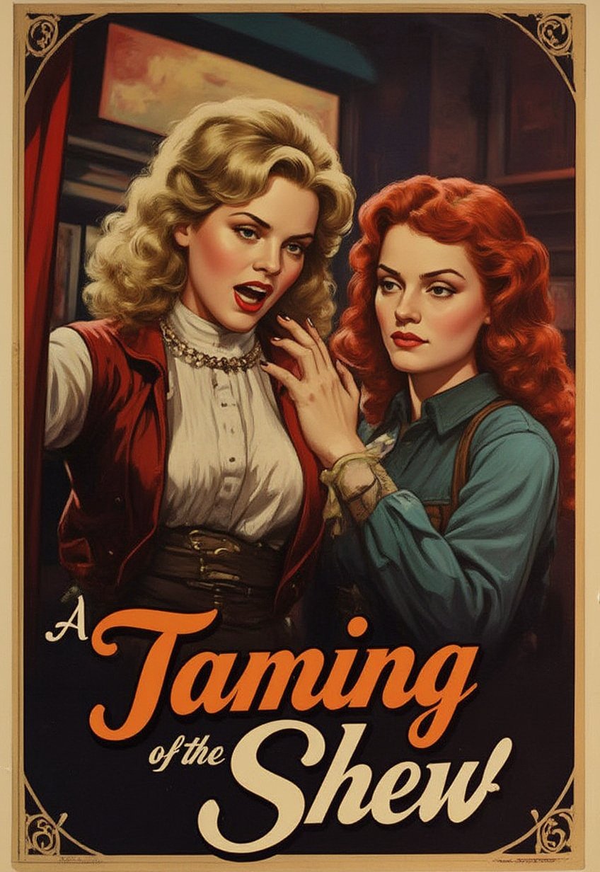 Old, Vintage: 1.2), (Western Poster: 1.3), ((Big Title, Taming of the Shrew, Subtitles: 1.3)), (Britt Lind: 1.3), A story of a brave woman living in the West, Two women, a beautiful American blonde country girl and a red hair barmaid dressed in a flashy outfit, fight each other, shouting and punching each other with fierce expressions, ((clothes are torn to shreds)), a flashy cat fight scene with them riding each other, dramatic movements, customers watching the fight, bar square, atmosphere, cinematography, photography