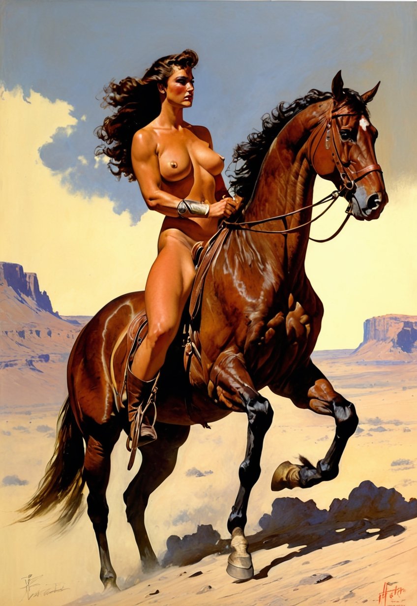 war horse, western, naked gun-woman, manner of frazetta