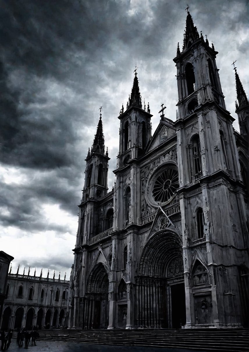 Italian cathedrals, eerie skies, dramatic angles, realistic and detailed action movie style, surreal, masterpieces,