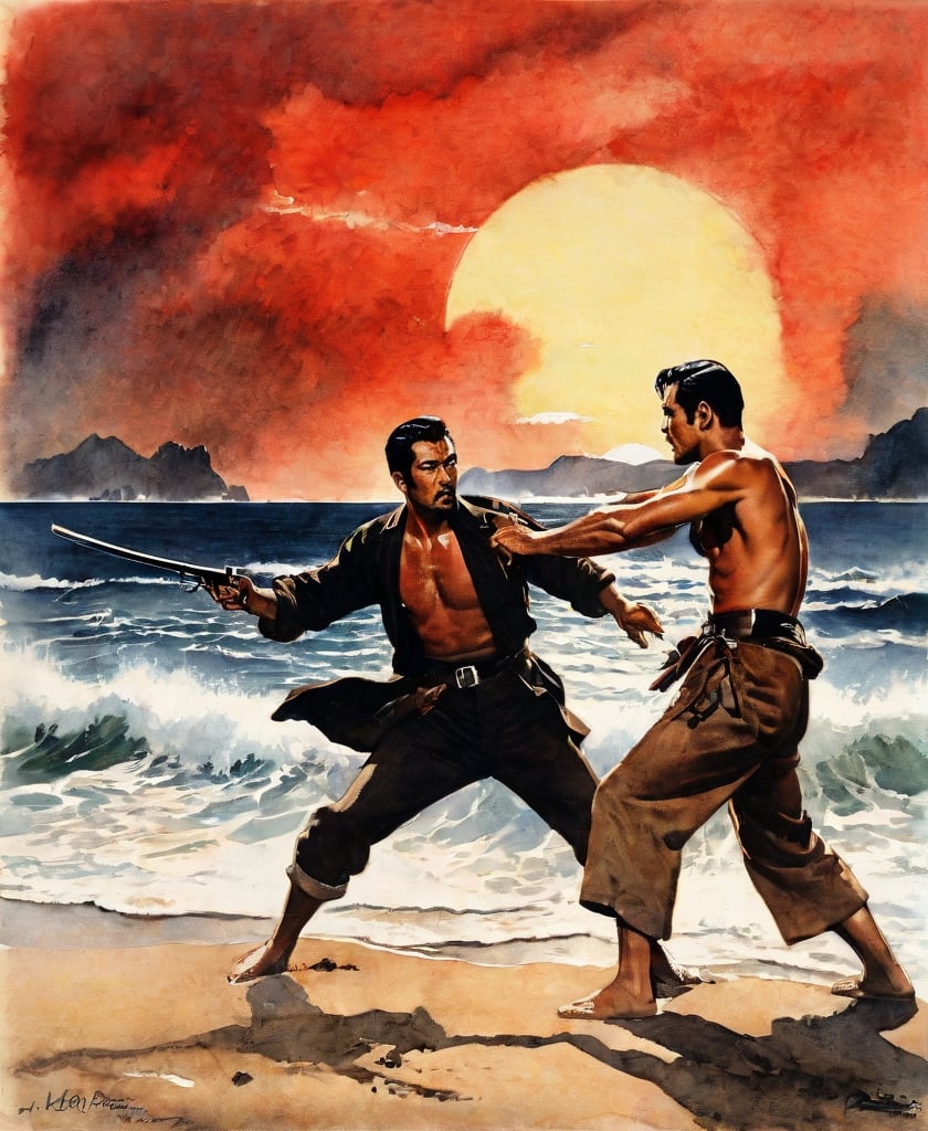 A complex action film, two men, Lee Marvin and Toshiro Mifune, stranded on a lonely island, an American with a gun and a Japanese with a sword, facing each other and hostile, view from below, red Sunset, dramatic movement, battered and half-naked encounter on the beach, atmosphere, cinematography, photography, pencil, watercolor, bright, rich colors, Gabriele Delotto, Charles Victor Thirion, Karl Eugen Kiel, Karl Lundgren , pencil drawing