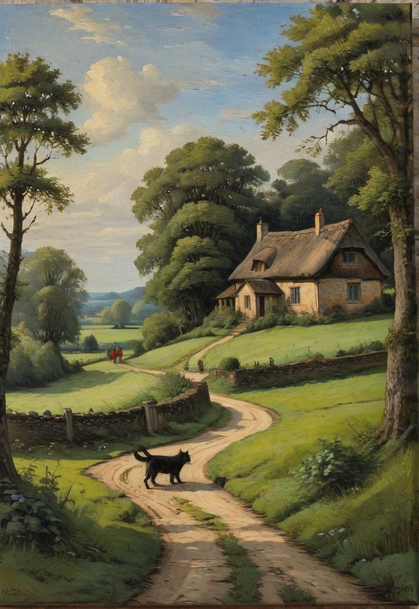 (Soft Lighting Photo), Dark Environment, Black on Black, Very Detailed, Stunning Painting, Oil on Canvas, A detailed and realistic painting of a rural landscape with a dirt path leading to a quaint old house. The layout features a central path surrounded by lush trees reminiscent of early spring. The house has a tiled roof and white walls, showing signs of age and wear. (There are two figures), A woman in a red dress and a man in white are having a conversation by the roadside. There are also cats and dogs scattered along the path, adding to the pastoral atmosphere. The sky is partly overcast with patches of blue visible here and there. In the bottom right corner of the painting is the artist's signature and the words "In Hell".