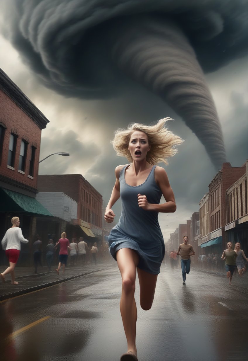 huge tornado looms behind blonde English woman as she runs away in fear, barefeet, ominous sky, urban, crowds fleeing behind, realistic and detailed, horror movie style, surreal, masterpiece