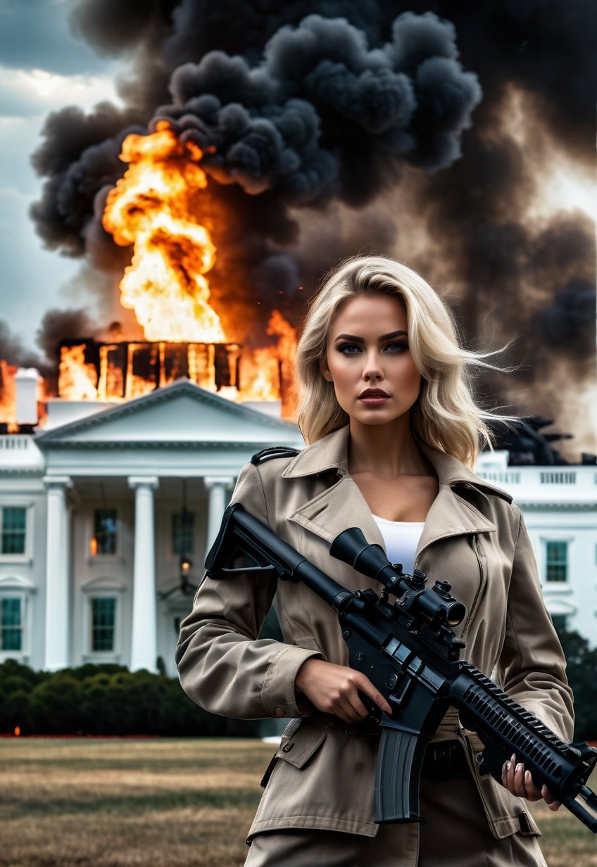 Beautiful american blonde woman, machine gun in hand, in front of the burning American White House presidential residence, eerie sky, dramatic angle, realistic and detailed horror movie style, surreal, masterpiece,