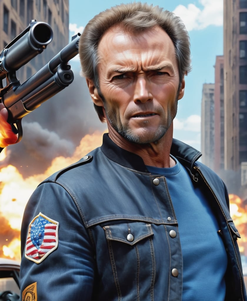 a man , Clint Eastwood, detailed faces, muscular body, black rider jacket, jeans, shotguns that fired with blue shirts, American roads, gangs, enemies are great explosions, masterpieces Ends the headquarters of the resolution. Horror movie style, dramatic angle, art inspired by Gregatokovsky, the headquarters of the most advanced trend art station headquarters. Smooth art bacteria focusing on things