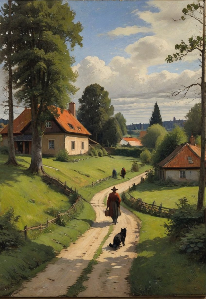 (Soft Lighting Photography), Dark environment, Black on black, Very detailed, Stunning painting in the style of Anders Zorn and Alexi Briklod, Oil on canvas, A detailed and realistic painting of a rural landscape with a dirt path leading to a quaint old house. The layout features a central path surrounded by lush trees reminiscent of early spring. The house has a tiled roof and white walls, showing signs of age and wear. (There are two figures) . A man in work clothes and a woman in a red dress, both standing near the house. There are also cats and dogs scattered along the path, adding to the pastoral atmosphere. The sky is partly overcast with patches of blue visible here and there. The painting features the artist's signature and the words "In Hell" in the bottom right corner.