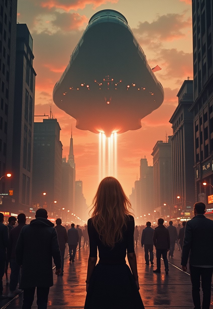 1980s, (SF movie poster: 1.3), (big title, alien invasion, subtitles: 1.3), (Britt Lind: 1.3), (Britt Lind, a beautiful blonde woman, is surprised by a huge battleship-like spaceship that appears in the sky: 1.2), New York, over Manhattan, the people are panicking, (dark atmosphere: 1.1)