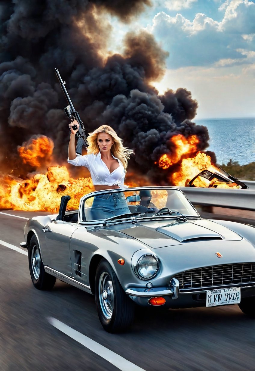running a beautiful american blonde woman, a hand in a machine-gun, dramatic angles, realistic and detailed action movie style, Italian coast roads, sports-Car crashes, explodes and bursts into flames on the road, eerie skies, surreal, masterpieces,