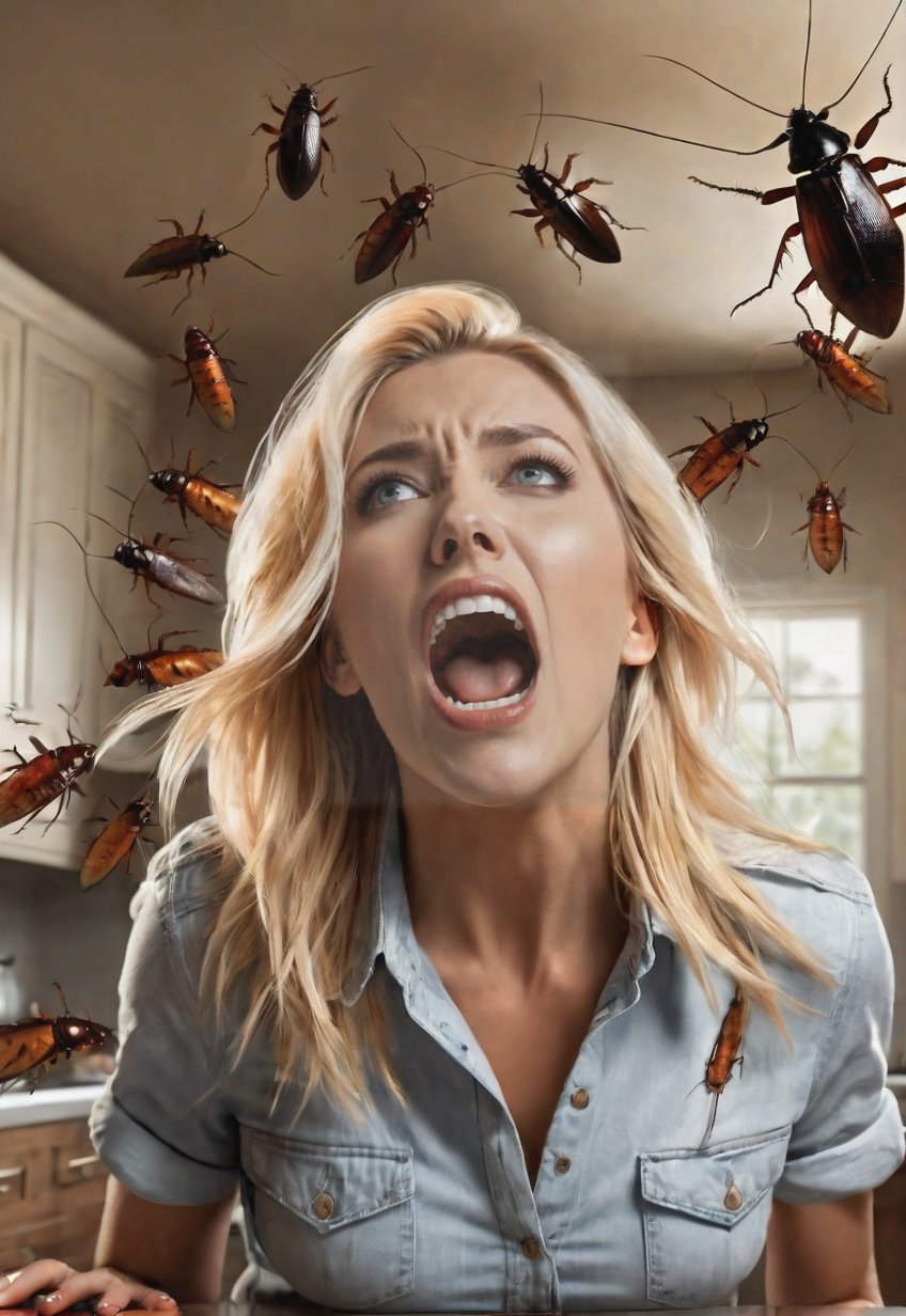 Countless cockroaches attack a beautiful blonde American woman, she screams in fear, dramatic angle and pose, perfect female anatomy, realistic and detailed, horror movie poster style, surreal, kitchen room, masterpiece,