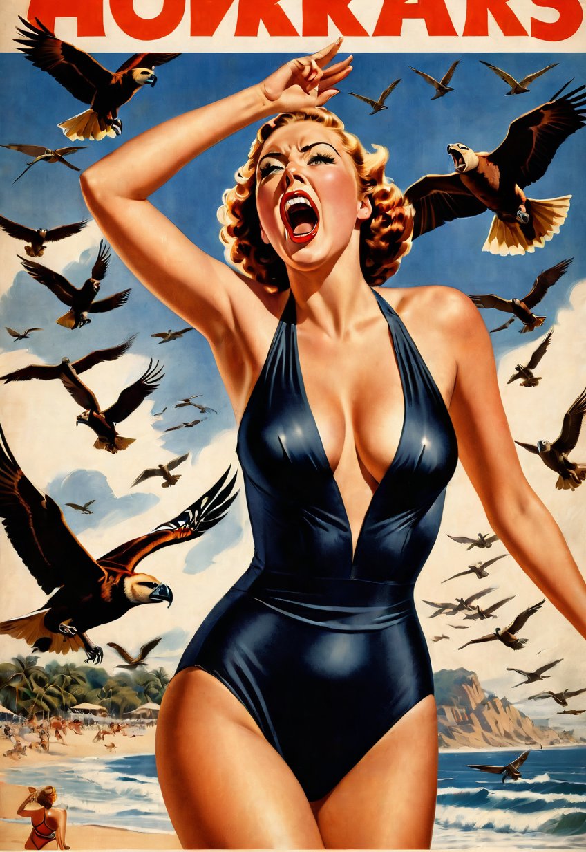 1930s, beautiful British woman in one piece swimsuit, screaming in fear, dramatic angle and pose, realistic and detailed, flock of birds flying in the sky, retro horror movie poster style, ultra realistic, tigers, lions, gorillas and other animals attacking on the beach, masterpiece,