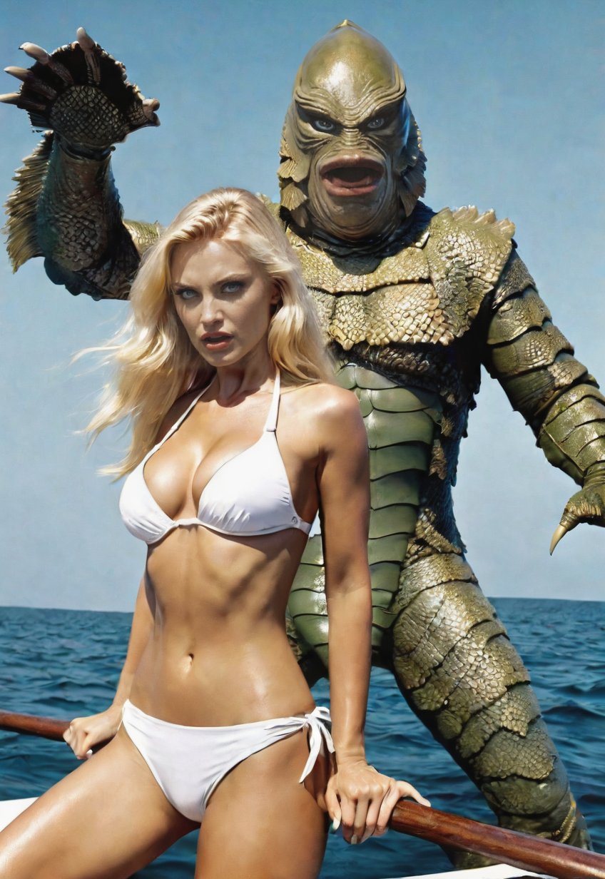 from sea level giant gill-man atack a ((white bikini)) beautiful blonde Ukrainian woman, on a boat, she freaks out and shout, dramatic angles and poses, perfect female anatomy, realistic, detailed, action movie poster style, surreal, on the sea, masterpiece,