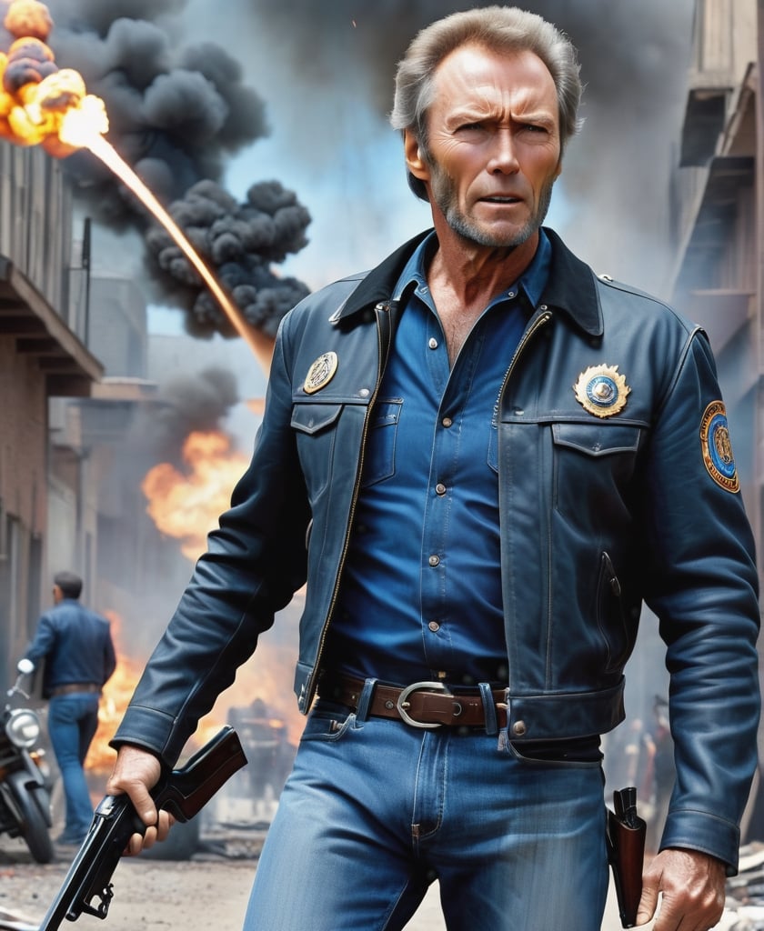 a man , Clint Eastwood, detailed faces, muscular body, black rider jacket, jeans, shotguns that fired with blue shirts, American roads, gangs, enemies are great explosions, masterpieces Ends the headquarters of the resolution. Horror movie style, dramatic angle, art inspired by Gregatokovsky, the headquarters of the most advanced trend art station headquarters. Smooth art bacteria focusing on things