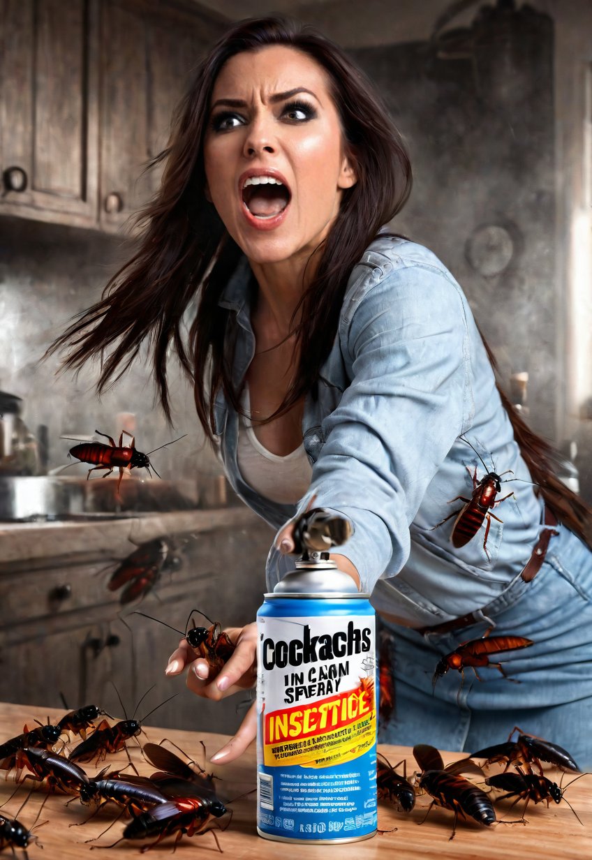 many Cockroaches attack a beautiful  woman, she screams in fear as she holds up a can of insecticide spray, ((full body angle)), dramatic angle and pose, perfect female anatomy, realistic and detailed, horror movie poster style, surreal, spooky kitchen room, masterpiece,low-key,dark,Movie Poster,pencil sketch,detailed skin