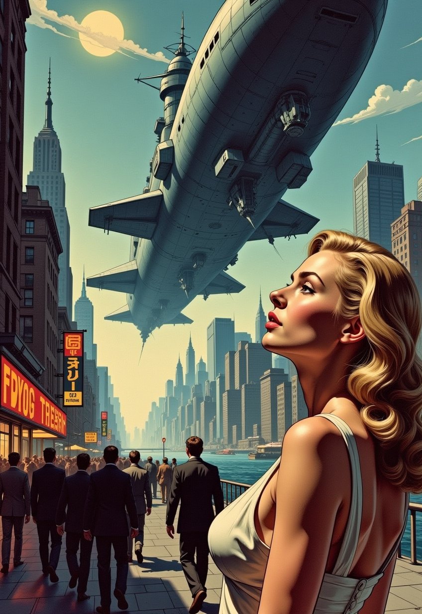   Old, Vintage: 1.2), (SF movie poster: 1.3), ((big title, THE FLYING BATTLESHIP, subtitles: 1.3)), (a beautiful blonde woman, looks up at the sky in amazement, as she is shocked by a huge spaceship that looks like a battleship that appears in the sky: 1.2), New York, over Manhattan, the people are panicking, (eerie, shadow, gloomy, dark atmosphere: 1.1)