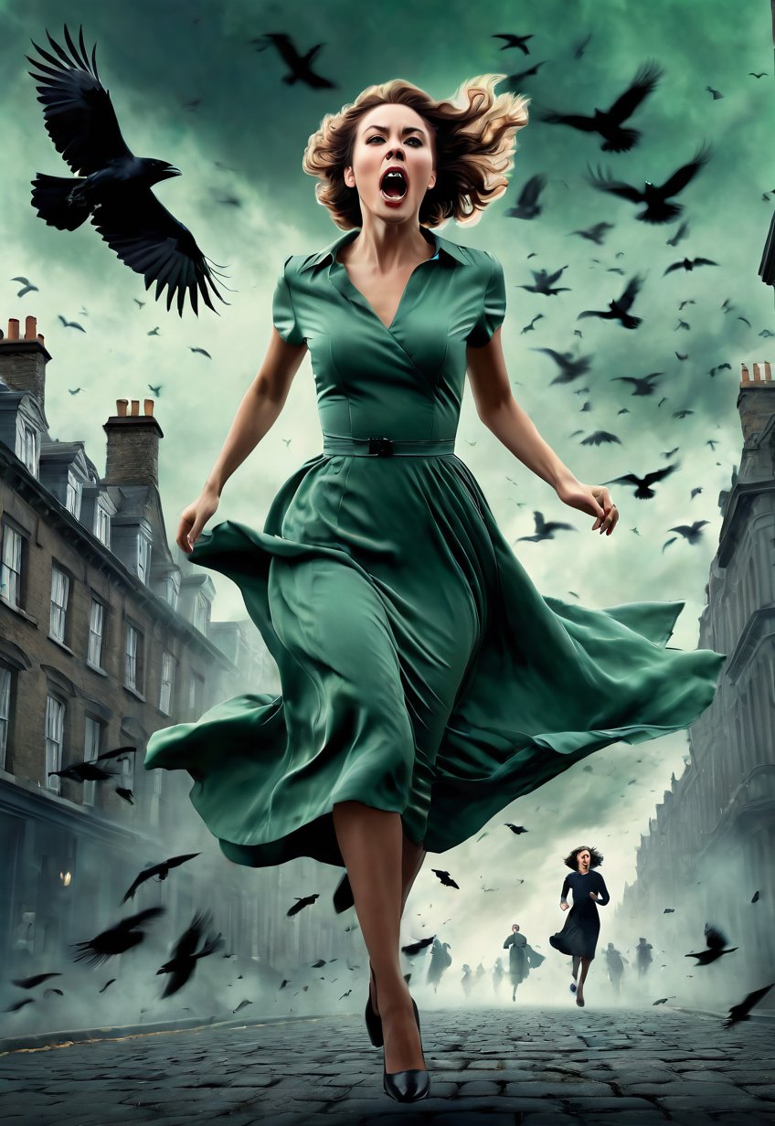 pale green dress beautiful British woman running, screaming in fear, dramatic angle and pose, realistic and detailed, flock of crows flying in the spooky sky, retro horror movie style, ultra realistic, people fleeing on the city, masterpiece,