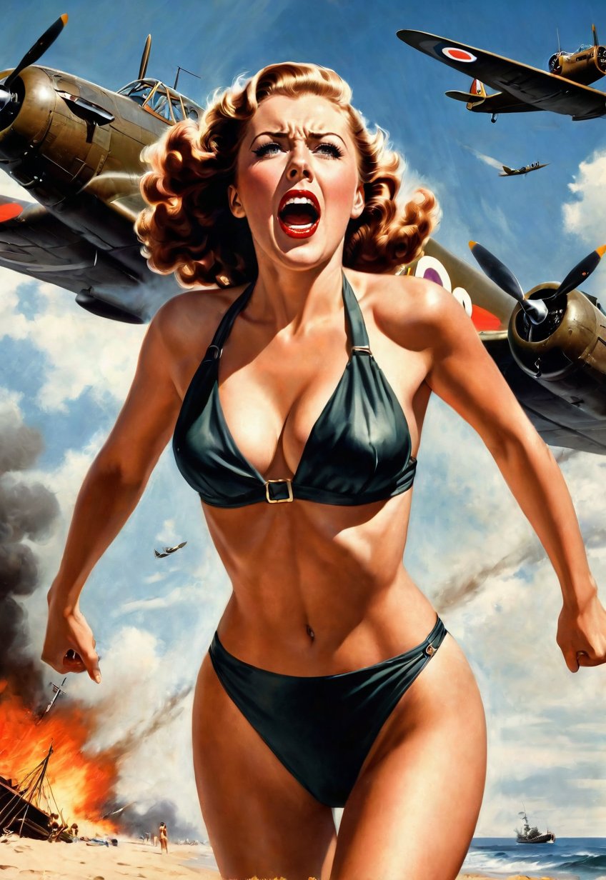 in 1930s, a bikini beautiful British woman, she screams in fear, dramatic angles and poses, realistic and detailed, bomber in the sky, retro horror movie poster style, super realistic, in the beach of war on fire, masterpiece,